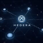Hedera logo with bright cross-chain lines connecting icons of various blockchains, Axelar and GMP branding.
