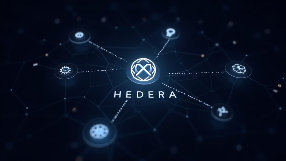 Hedera logo with bright cross-chain lines connecting icons of various blockchains, Axelar and GMP branding.
