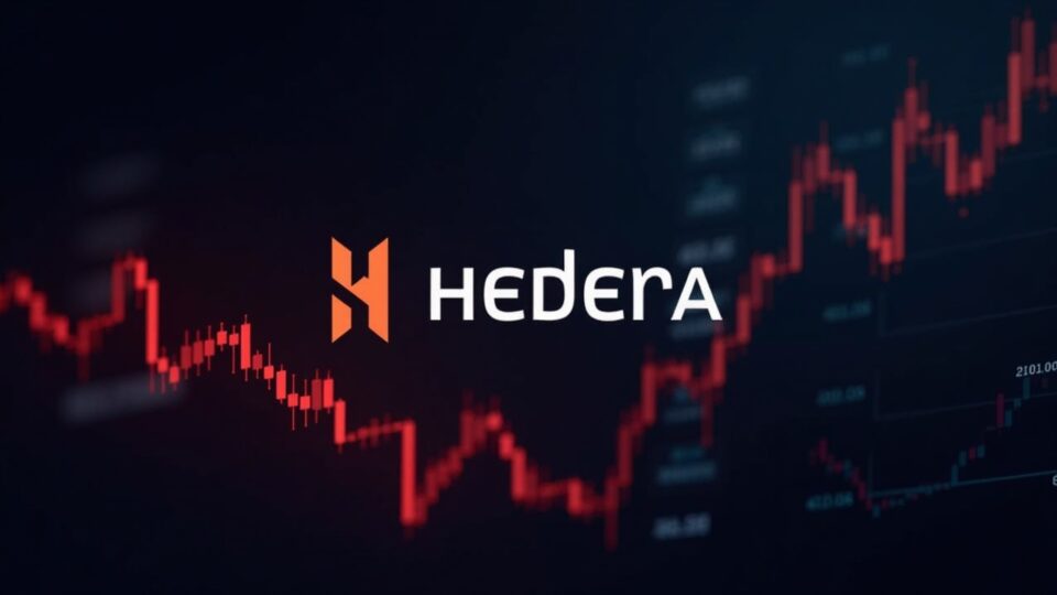 Photorealistic Hedera HBAR logo centered over a red decline and high volume; background with Canary Capital icon and mesh