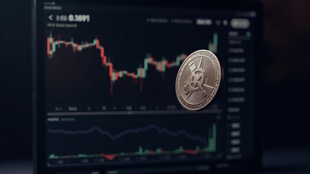 Hedera HBAR coin in front of a trading panel with price 0,1691 and high volume at support 0,1688.