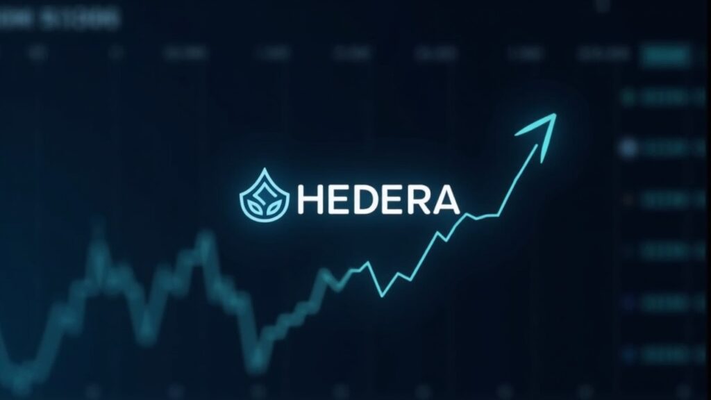 Logo of Hedera HBAR on a trading screen with an upward arrow and November chart, indicating a 40% rally.
