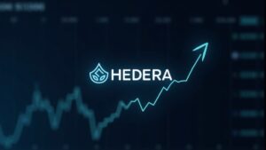 Logo of Hedera HBAR on a trading screen with an upward arrow and November chart, indicating a 40% rally.