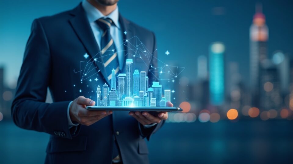 Executive in a suit reviews crypto holograms alongside a skyline and regulatory papers