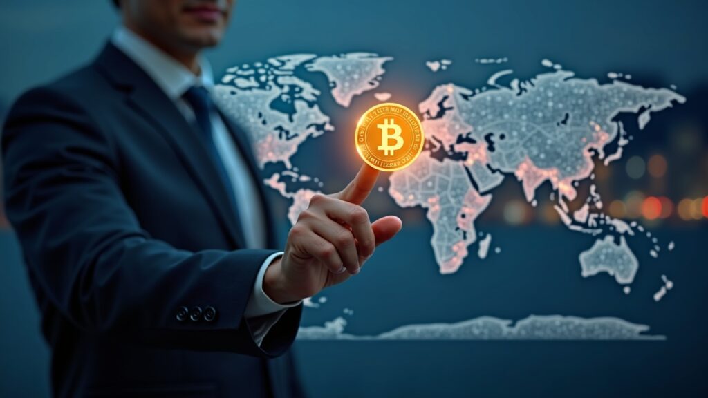 Central banker in a suit points at an illuminated HKD stable emblem over a blockchain map and the Hong Kong skyline