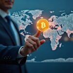 Central banker in a suit points at an illuminated HKD stable emblem over a blockchain map and the Hong Kong skyline
