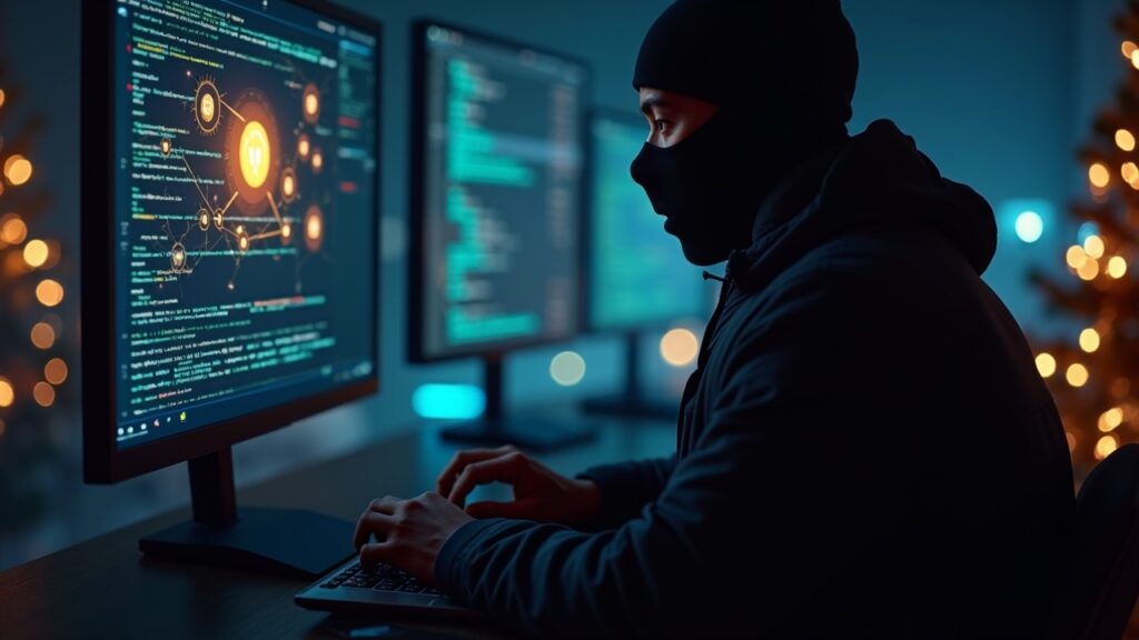 Hacker in silhouette in front of an illuminated crypto wallet, screen with a deepfake and phishing content, surrounded by holiday lights
