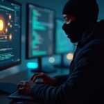 Hacker in silhouette in front of an illuminated crypto wallet, screen with a deepfake and phishing content, surrounded by holiday lights