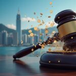 Hong Kong skyline with digital coins dissolving into a judicial gavel symbol of crypto fraud and heightened scrutiny