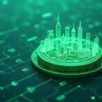 Tokenized green bond on blockchain against the Hong Kong skyline, with icons of USD, HKD, EUR and CNH.