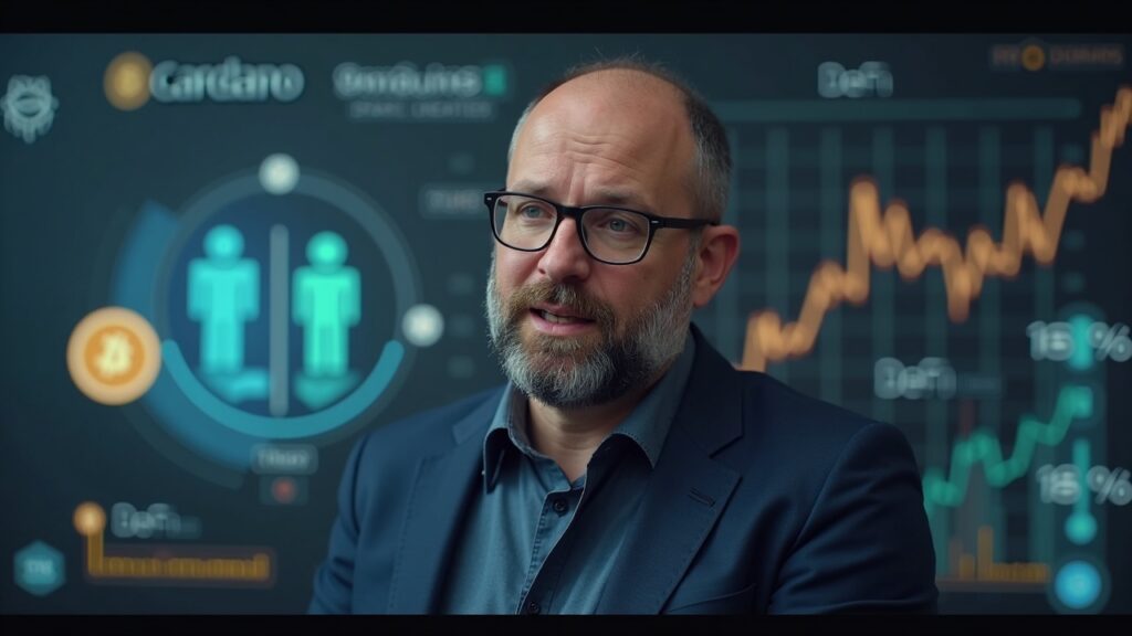 Realistic central portrait of Charles Hoskinson facing critics, with Cardano, BTC and stablecoins, and an upward-trending DeFi chart.