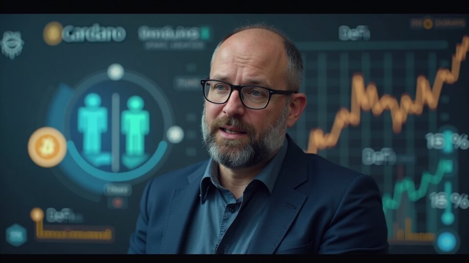 Realistic central portrait of Charles Hoskinson facing critics, with Cardano, BTC and stablecoins, and an upward-trending DeFi chart.