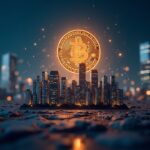 Urban skyline with buildings and an emerging Bitcoin emblem, data flows and a journalistic background.