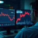 Financial analyst in the foreground in front of screens showing IBIT outflows and Bitcoin decline, BlackRock branding