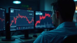 Financial analyst in the foreground in front of screens showing IBIT outflows and Bitcoin decline, BlackRock branding