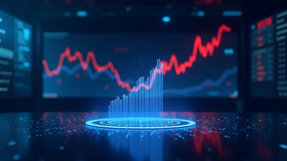 Photorealistic newsroom with a central holographic projection of the ICP price spike and a red crash chart in the background, blue lighting.