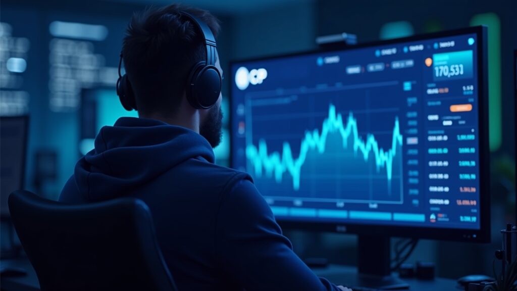 Realistic crypto news room, operator in front of monitor with ICP chart and Caffeine AI branding, blue neon.
