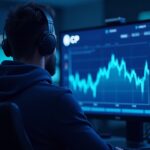 Realistic crypto news room, operator in front of monitor with ICP chart and Caffeine AI branding, blue neon.