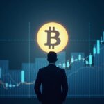 Figure of an institutional investor in front of the Bitcoin symbol, downward chart and 50-day SMA in blue tone.