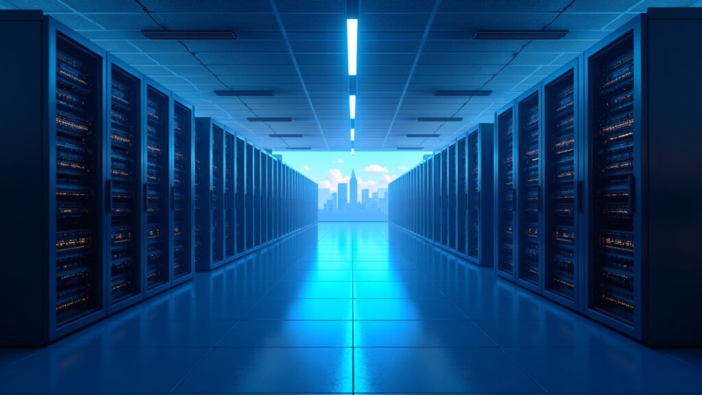 Bitcoin mining facility converted into an AI data center, with GPU racks, bluish aisles and a cloud horizon.