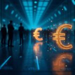 Italian banks in a modern fintech hub, illuminated euro symbol split between the BCE digital euro and private solutions