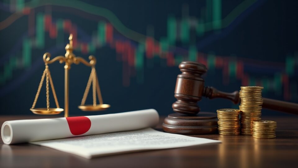 Photorealistic cover: central Japanese regulator, crypto coins, legal document, scales and market chart.