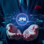 Institutional trader with a glowing JPM Coin, Base hologram, and neon rails illustrating instant tokenized settlements.