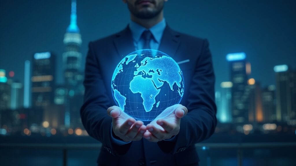 Photorealistic portrait of a fintech executive holding an illuminated digital globe representing KlarnaUSD and cross-border payments.
