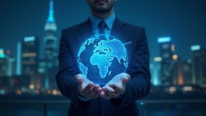 Photorealistic portrait of a fintech executive holding an illuminated digital globe representing KlarnaUSD and cross-border payments.