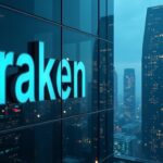 Kraken logo alongside Citadel Securities, upward market chart on a glass tower, indicating growth and IPO 2026.