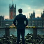 Silhouette of the co-CEO of Kraken blocking digital coins in front of a 'UK rules' barrier and the Parliament in the background.