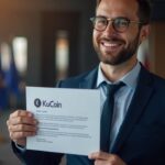 Encabezado fotorrealista: ejecutivo confiado sosteniendo una licencia MiCA con el logo de KuCoin, banderas de Austria y de la UE en un entorno fintech.