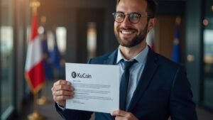 Encabezado fotorrealista: ejecutivo confiado sosteniendo una licencia MiCA con el logo de KuCoin, banderas de Austria y de la UE en un entorno fintech.