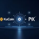 KuCoin Pay connecting with Brazil's Pix logo in a fintech environment, showing crypto-to-local-currency payments.