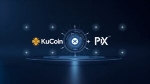 KuCoin Pay connecting with Brazil's Pix logo in a fintech environment, showing crypto-to-local-currency payments.