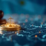Glowing Libra over a blockchain, gavel and Argentine flag with data flows indicating an asset freeze.
