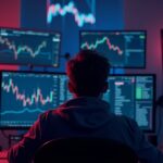 Trader in front of screens with falling crypto charts, margin alerts and HyperLiquid and GMX logos