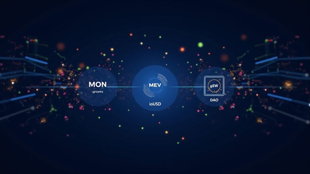Photorealistic header of a crypto data center with MON, gMON, MEV flows, ioUSD and DAO governance