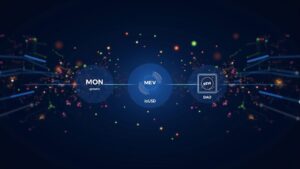 Photorealistic header of a crypto data center with MON, gMON, MEV flows, ioUSD and DAO governance