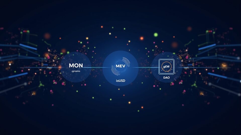 Photorealistic header of a crypto data center with MON, gMON, MEV flows, ioUSD and DAO governance