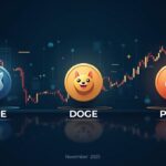 Crypto header with PEPE, DOGE and PUMP, rising charts and bold typography, November 2025.