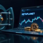 Corporate vault with Bitcoin coins, digital dashboard and upward charts of Metaplanet.