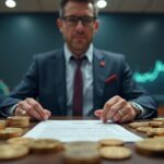 Central figure at a news desk with Bitcoin, 130M loan and ascending/descending BTC chart