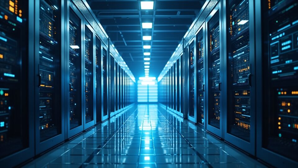 Bitcoin mining powers an AI data center with 23k GPUs and renewable energy; Microsoft and IREN branding.