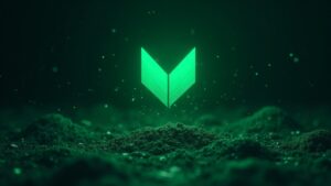 MON sobre una cuadrícula verde de blockchain, flujos de datos y cuenta regresiva hacia la mainnet en noviembre.