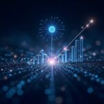 Photorealistic header of Monad at launch, illuminated blockchain network and rising engagement charts