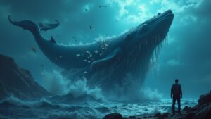 Photorealistic scene: crypto whale, MON on a ledger, and a public figure walking away, symbolizing ambiguous sentiment.