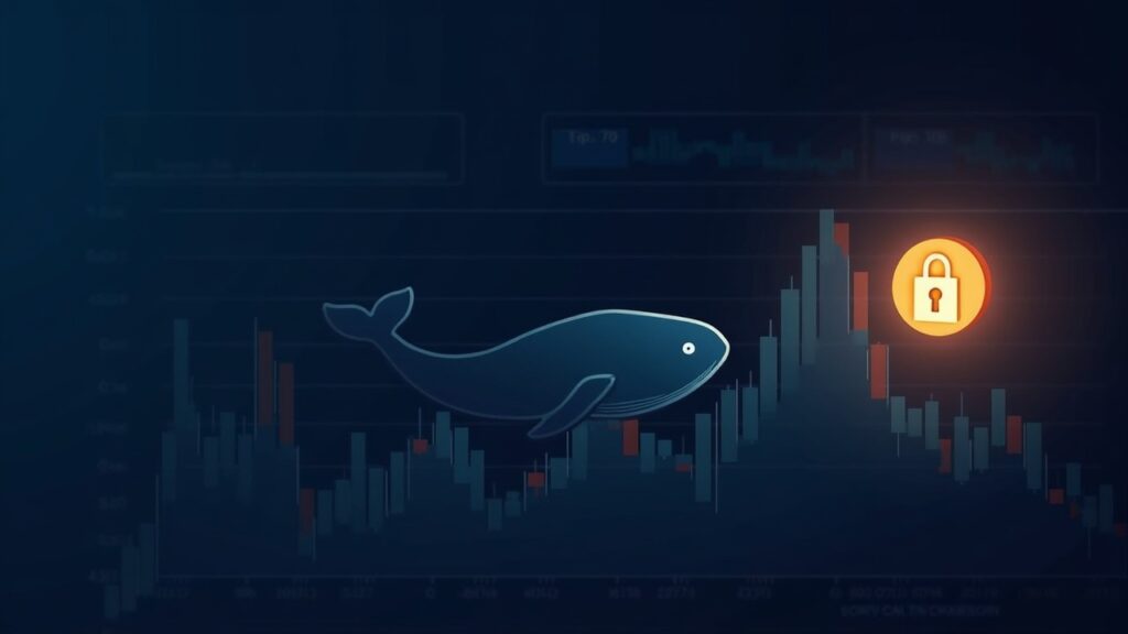 Silhouette of a whale over a MON chart with a padlock and illuminated MON logo on a crypto background.