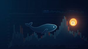 Silhouette of a whale over a MON chart with a padlock and illuminated MON logo on a crypto background.