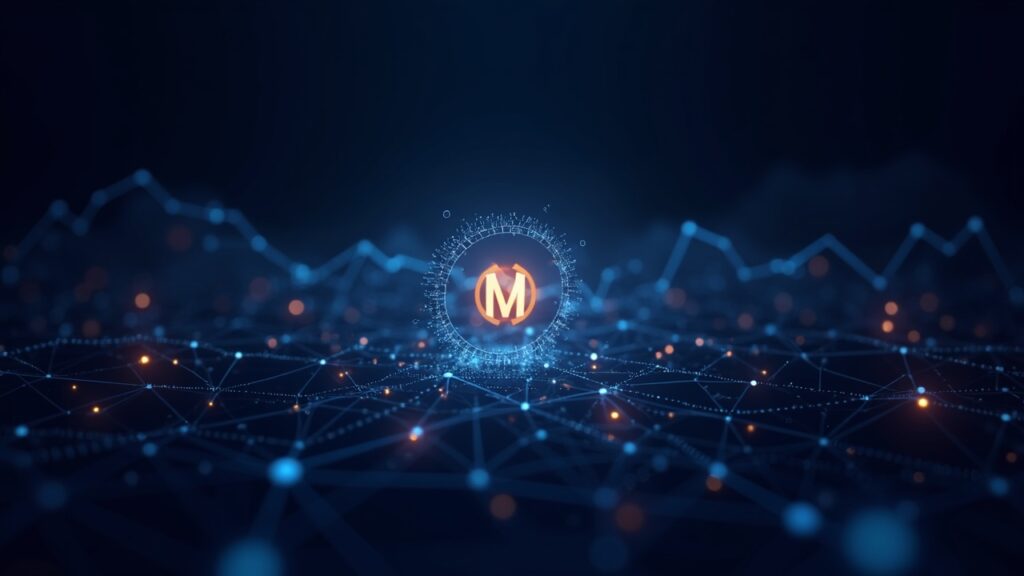 MONAD logo centered on a glowing blockchain network, with an upward price chart and 2M daily transactions.