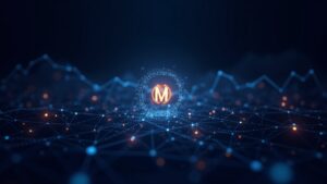 MONAD logo centered on a glowing blockchain network, with an upward price chart and 2M daily transactions.